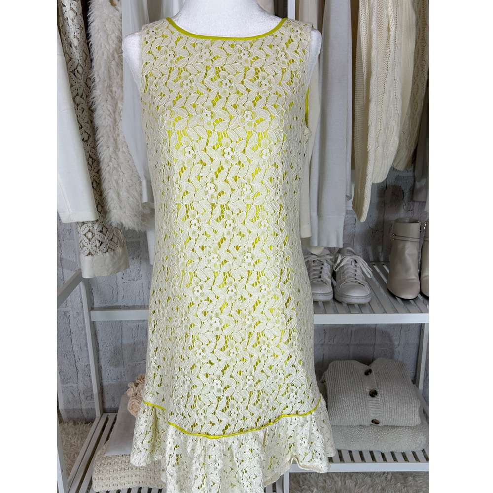 Loft Women's Sz 4 Cream Chartreuse Lace Knee Length Sheath Dress #0298